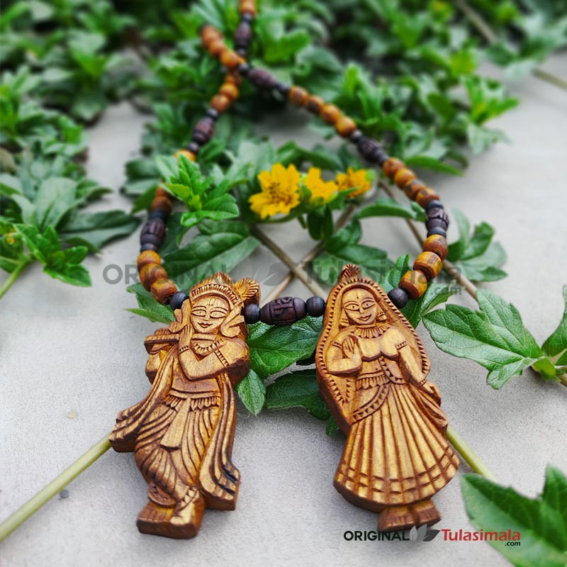 Radha Krishna Jugal Jodi Locket Mala Golden Color Original Tulsi Beads Mala 2.5x1 Inches Each Locket Mala Length 22 Inches