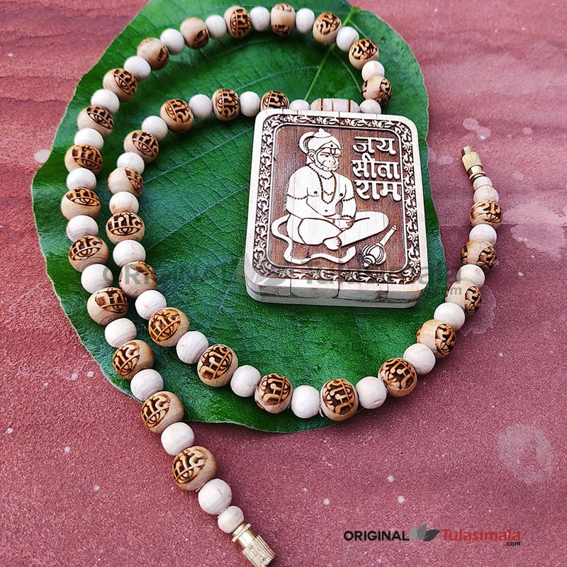 Shri Balaji Hanuman Original Tulasi Locket  Size 2.5 inches width, 2 Inches Height Ram Ram carving Beads 10mm Size of Beads