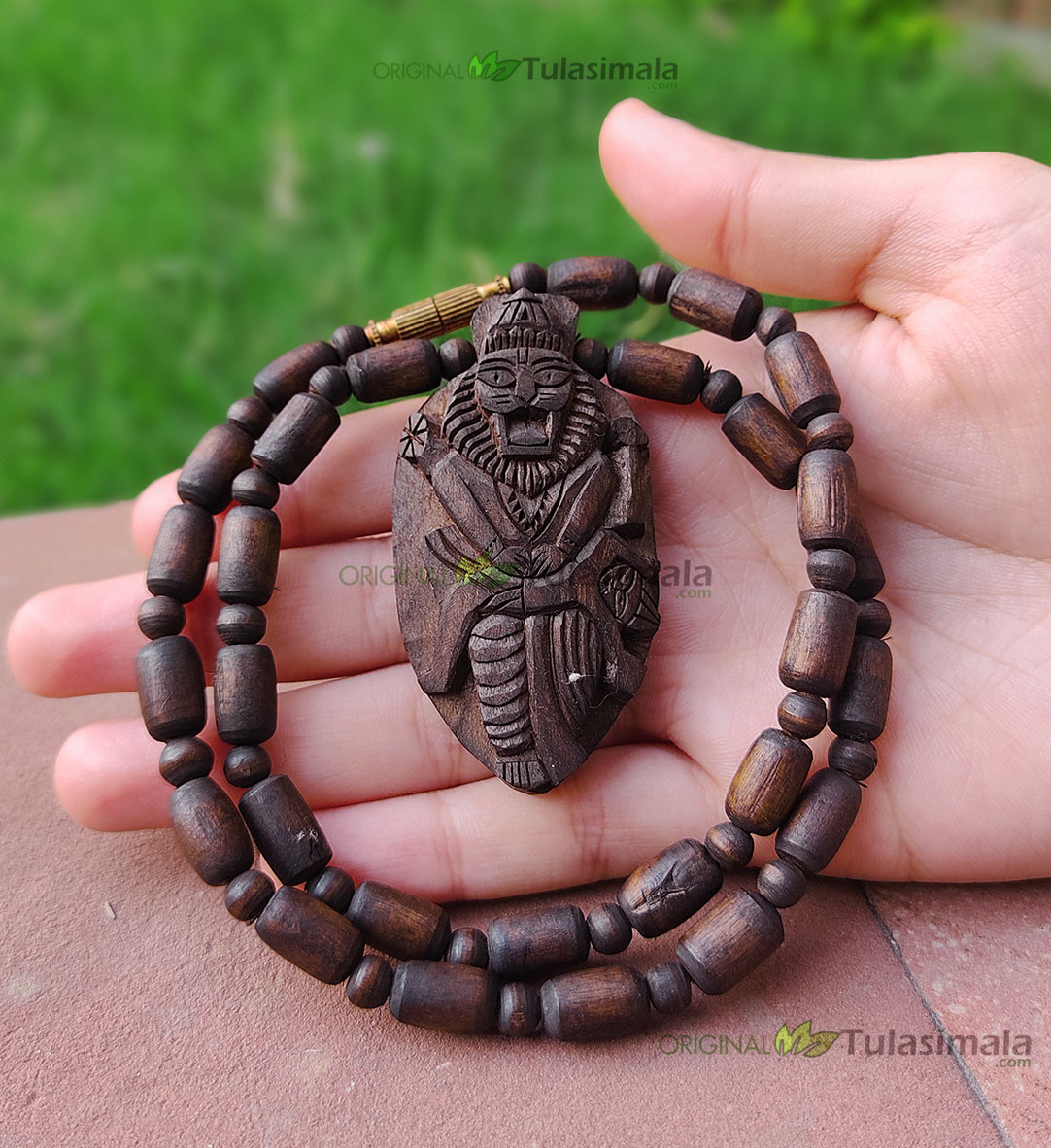 Shri Narasimha Original Tulsi Locket Mala with Dark Brown Beads 6mm Beads  20 Inches Total Length of Mala Actual Mala Photo Shown