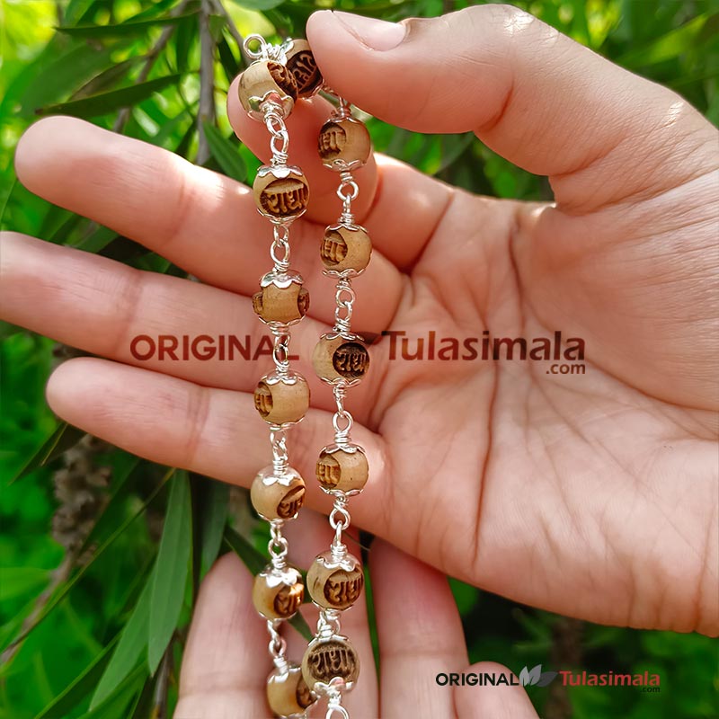 54+1 Beads Shri Radha Name Design Original Tulsi Japa Mala in Pure Silver 8mm Size and 84 Centimeter Length Mala, For God Statue tulsi Mala, Japa Meditation Tulsi Mala, and Neck Silver Tulsi Mala