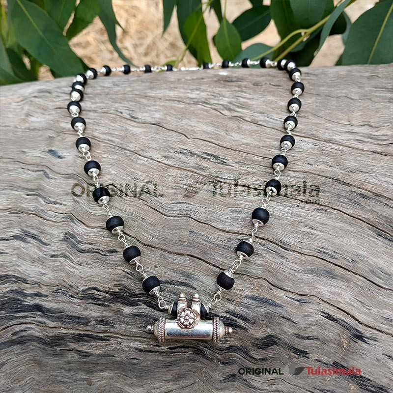 Safety Armor Silver Narasimha Kavacha with Shyama Tulsi Beads 8mm Round Beads 24 Inches Length