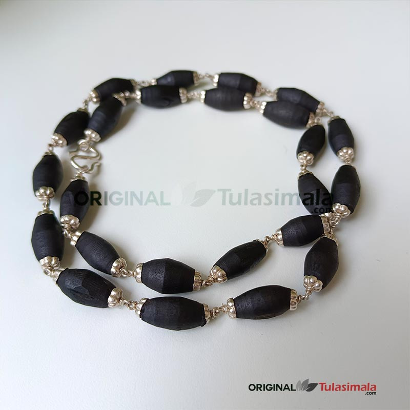 Pure Silver with Original Tulasi Mridangam Shape Beads Black 6mm Thick for Men& Women- 24 Inches Length