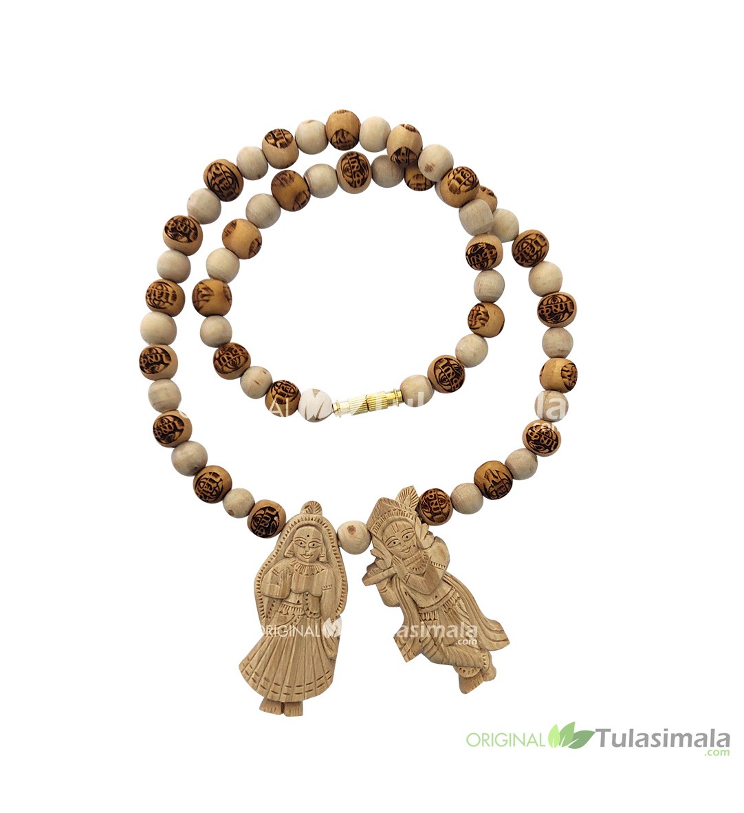 ISKCON Shri Radha Krishna Jugal Jori Locket Mala with Krishna Carved Designer Tulsi Beads