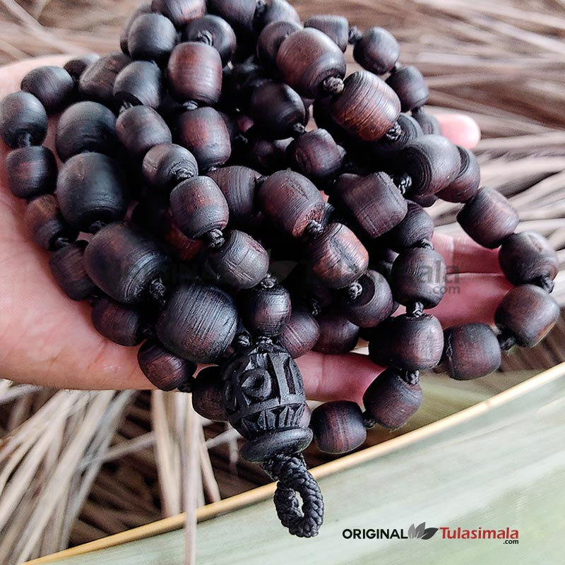 Dark Brown 108+1 Beads Tulsi Japa Mala 18mm Beads with Krishna Carved Guru Bead
