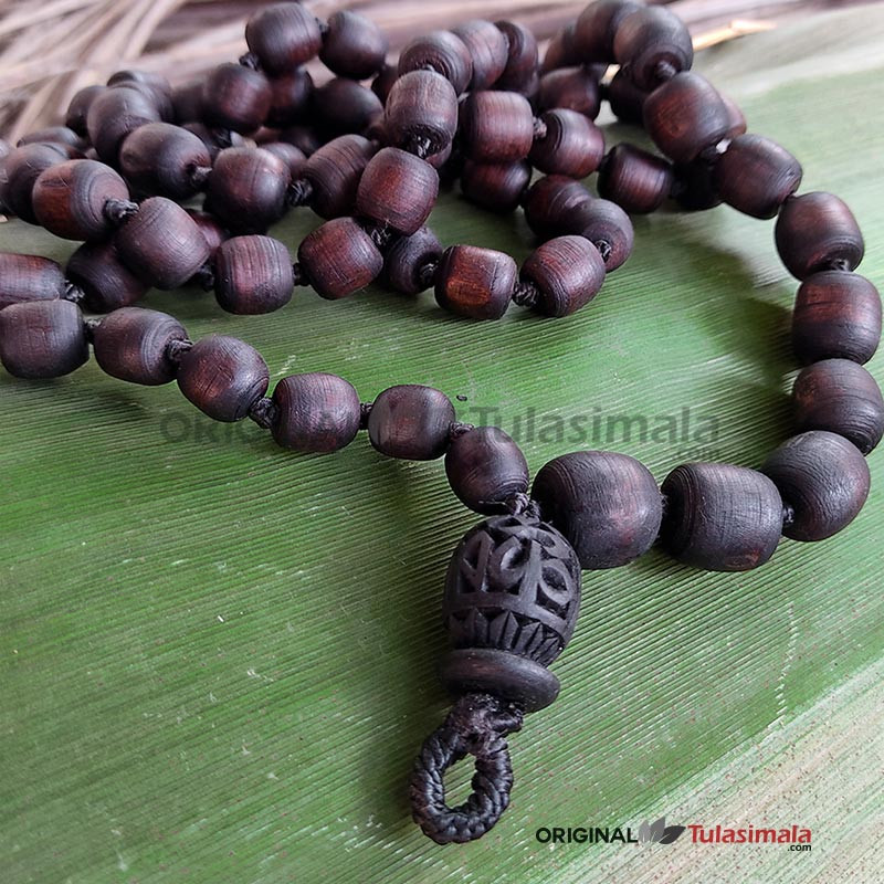 Dark Brown 108+1 Beads Tulsi Japa Mala 18mm Beads with Krishna Carved Guru Bead