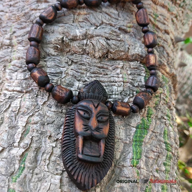 Sri Narasimha Face Locket Tulsi Locket Mala Dark Brown 2x0.7 inches Locket with 8mm original tulsi beads mala 23 inches total length of mala