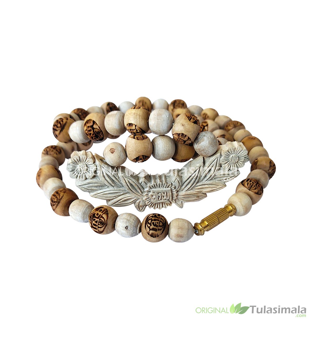 ISKCON Shri Krishna Designer Locket Tulsi Mala with Radha and Krishna Carved Beads