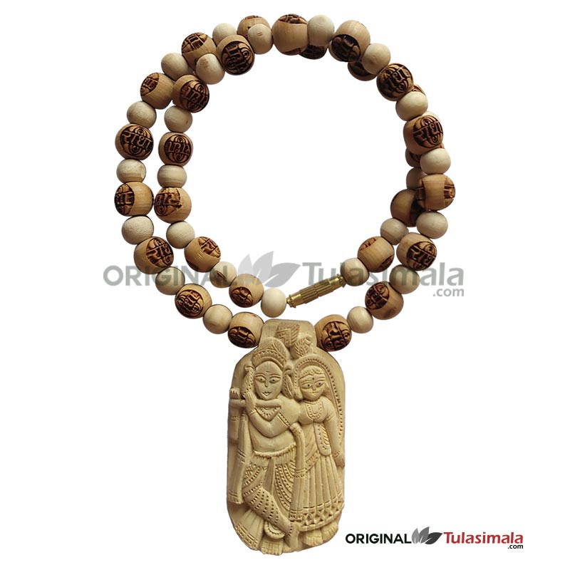 Original Shri Radha Krishna Tulasi Pendant Kanthi Mala with Radha Carved Designer Tulasi Beads